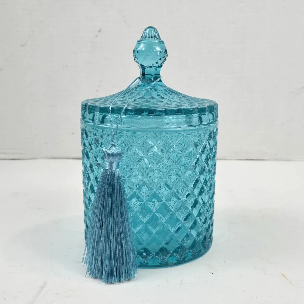 Vtg Style Teal Blue Diamond Cut Lidded Glass Vanity Jar w Tassel 6.5x4